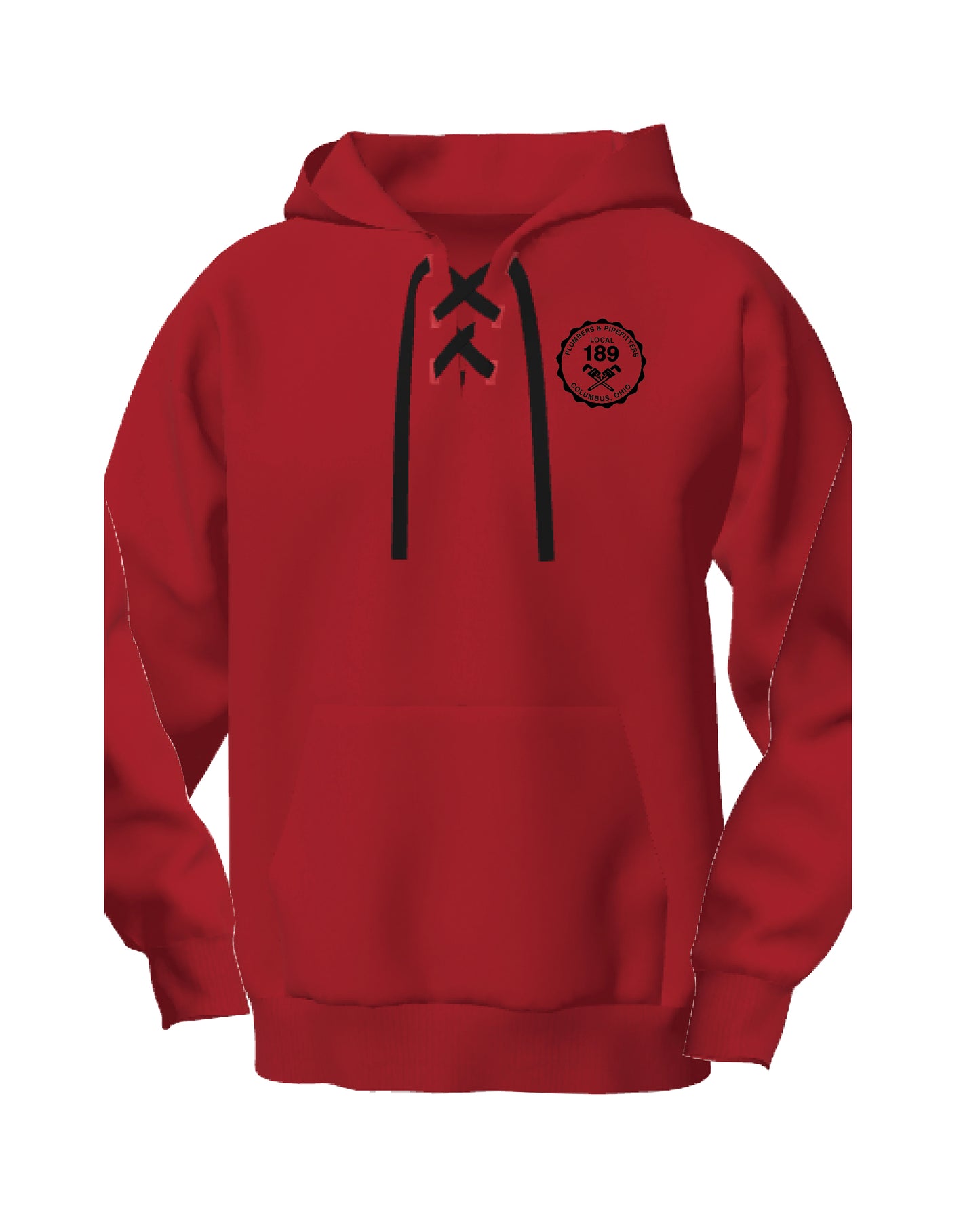Red hoodie with black drawstrings on a white background