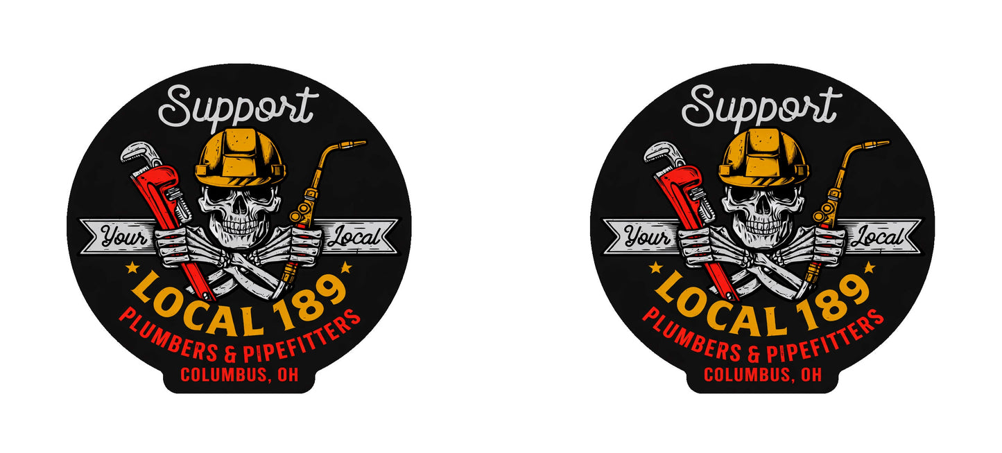Two white mugs with a circular logo featuring text and graphics on a gray background.