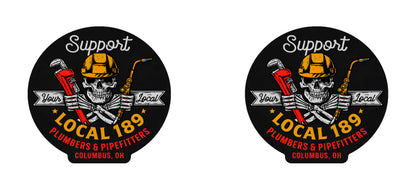 Two white mugs with a circular logo featuring text and graphics on a gray background.