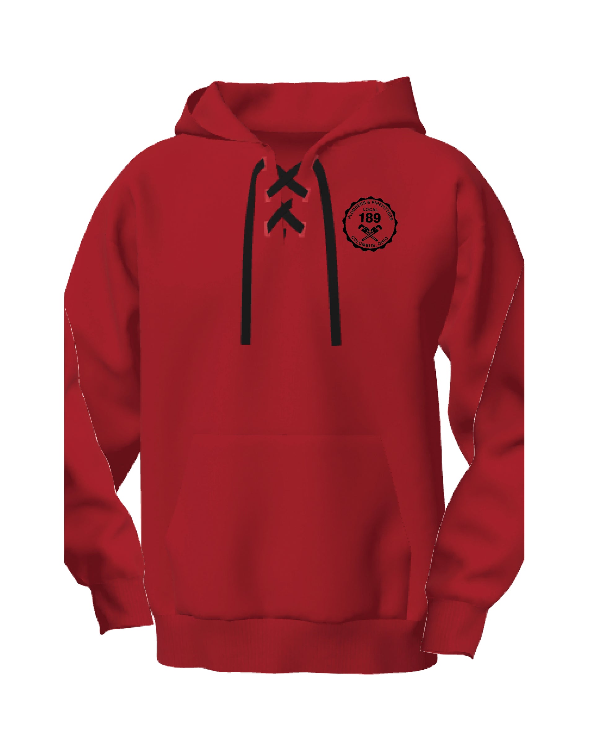 Red hoodie with black drawstrings on a white background