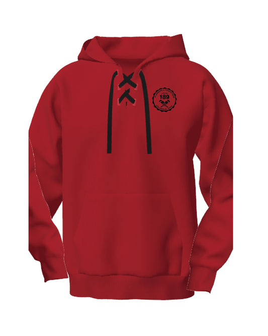 Red hoodie with black drawstrings on a white background