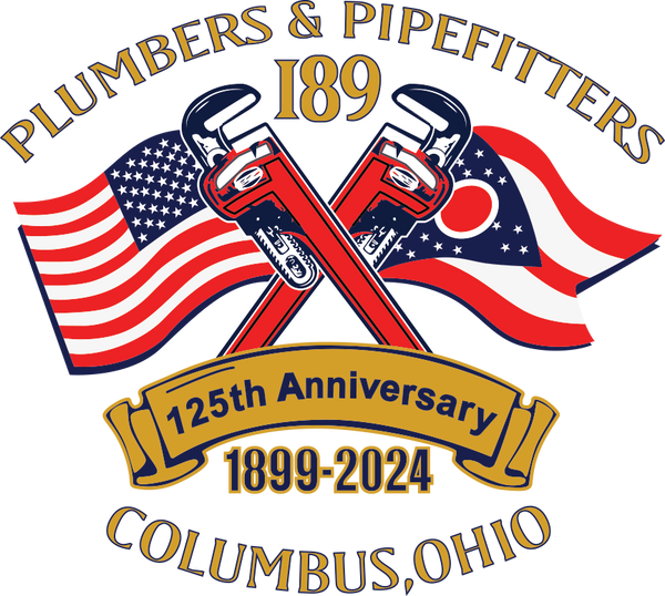 Logo for Plumbers & Pipefitters with American and Ohio flags, celebrating 125th anniversary in Columbus, Ohio.